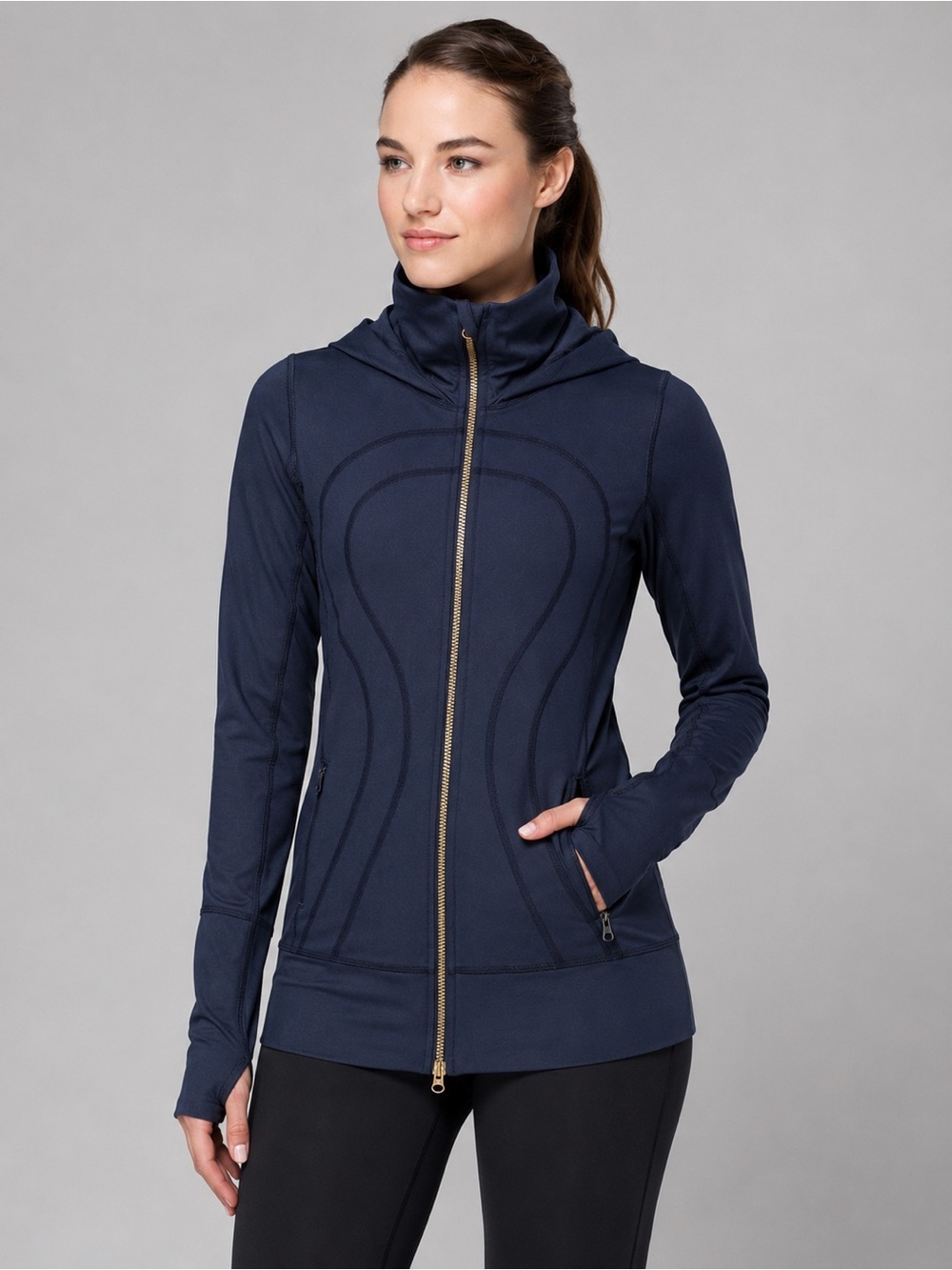 Lululemon Stride Jacket II Size 6 Navy Gold Zip Hooded Running Thumbholes